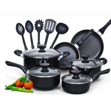 15 piezas de aluminio antiadherente negro manija suave conjunto de utensilios de cocina